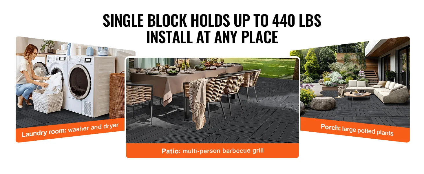 SucceBuy  Interlocking Deck Tiles Plastic Waterproof Outdoor Flooring All Weather Use Patio Floor for Porch Poolside Dark Grey