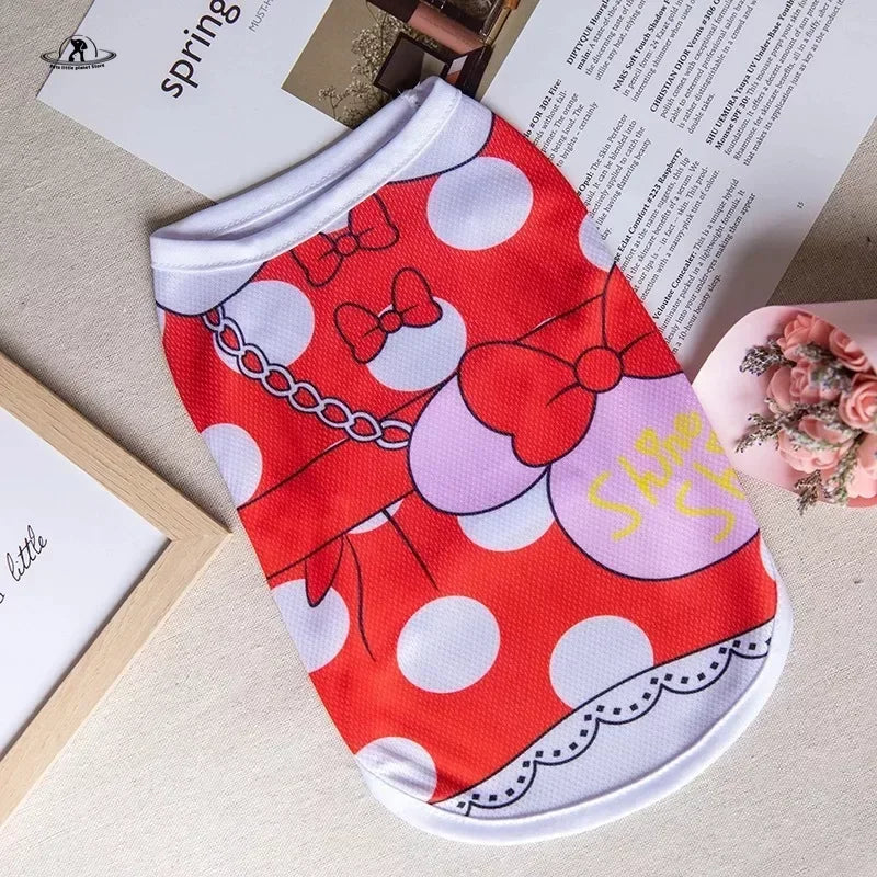 Red polka-dot cartoon puppy vest for small dogs. Breathable summer shirt for Chihuahuas and pets.