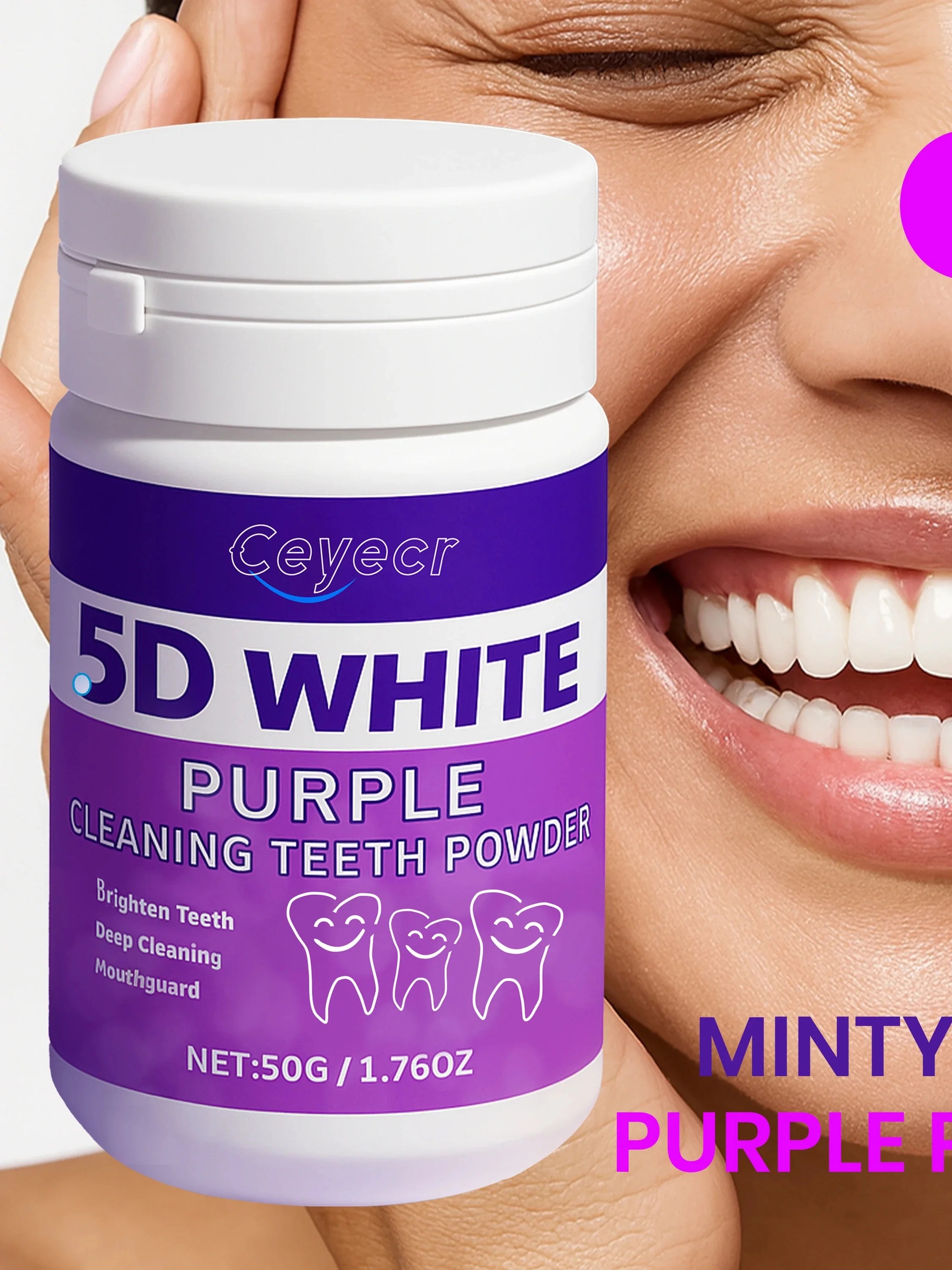 Tidesmit 50g purple teeth whitening powder with natural ice mint formula for sensitive teeth and gums