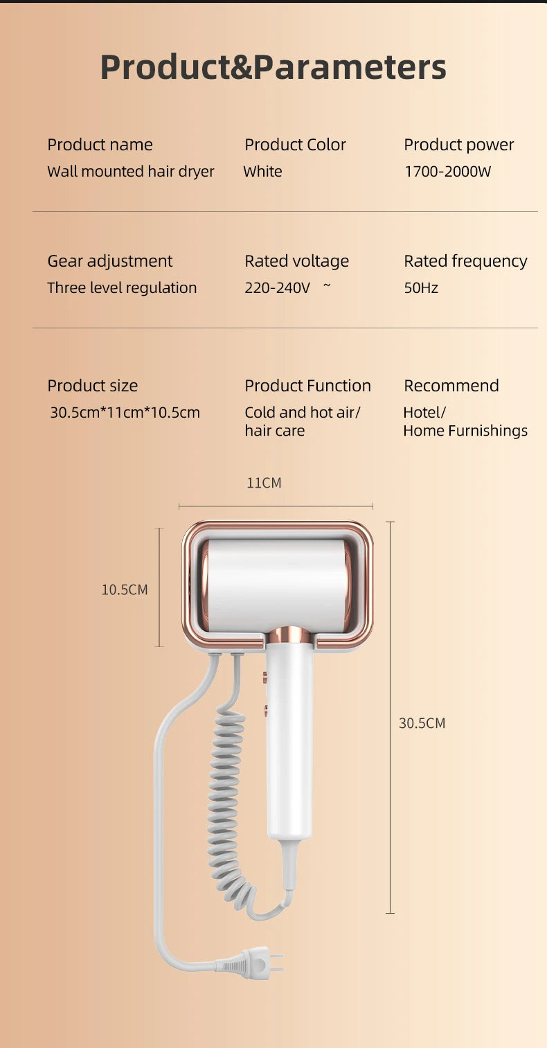 White and gold wall-mounted hair dryer with coiled cord, featuring 3-speed settings for home and hotel bathrooms.