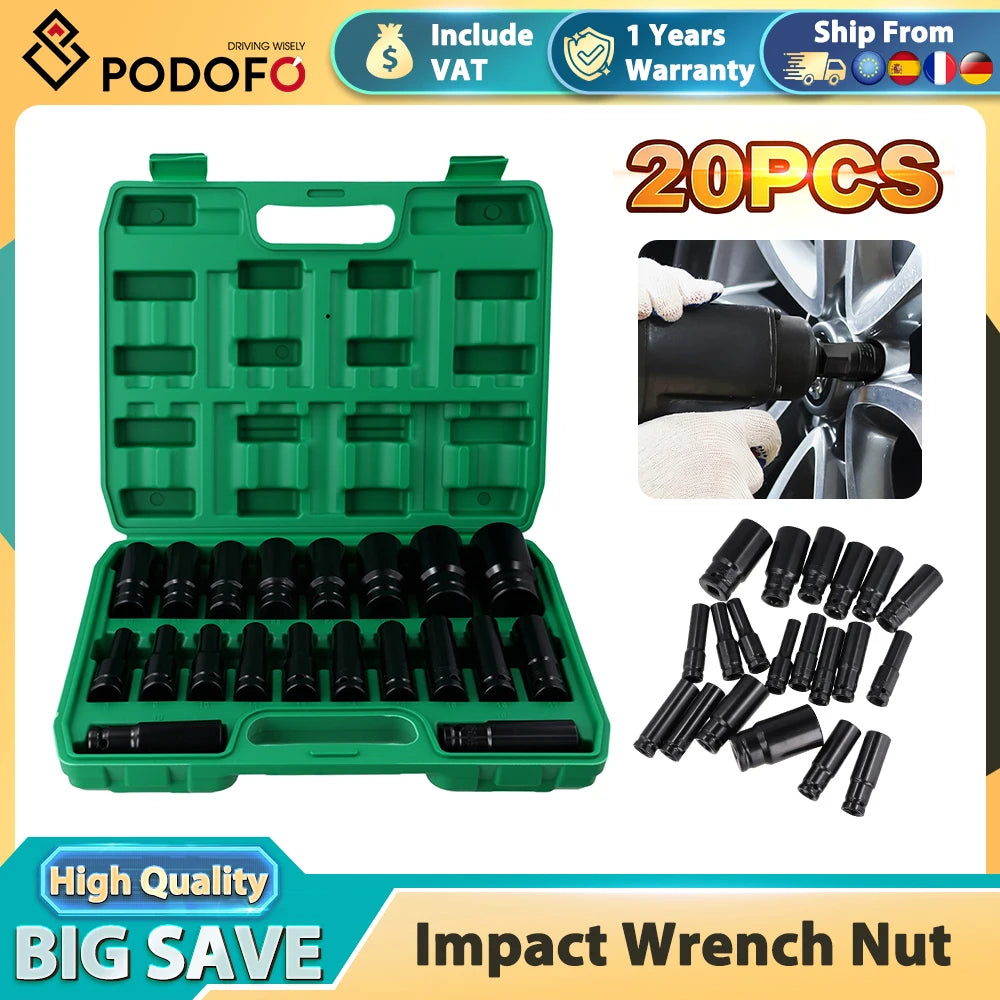 Podofo 20PCs 1/2'' Drive 6-Point Impact Socket Set 8-32mm Metric Sizes Carbon Steel  Impact Wrench Nut Set With Storage Box