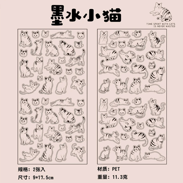 Two sheets of cute cartoon cat PET stickers for DIY scrapbooking, journaling, and cat-themed craft decorations.