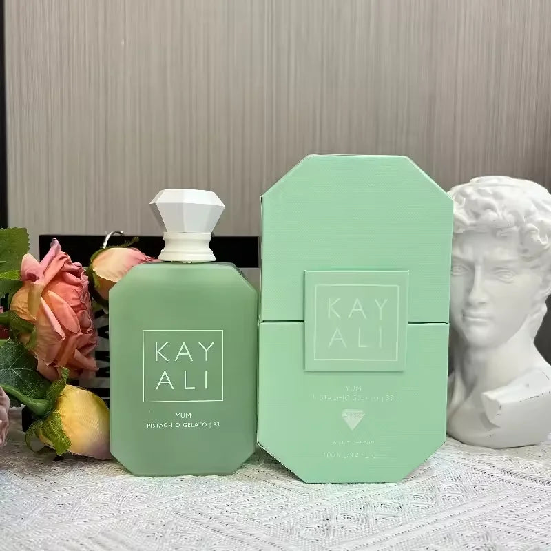 Kayali Yum Pistachio Gelato 33 EDP: 100ml luxury women's fragrance in a signature green angular bottle. Sweet floral.