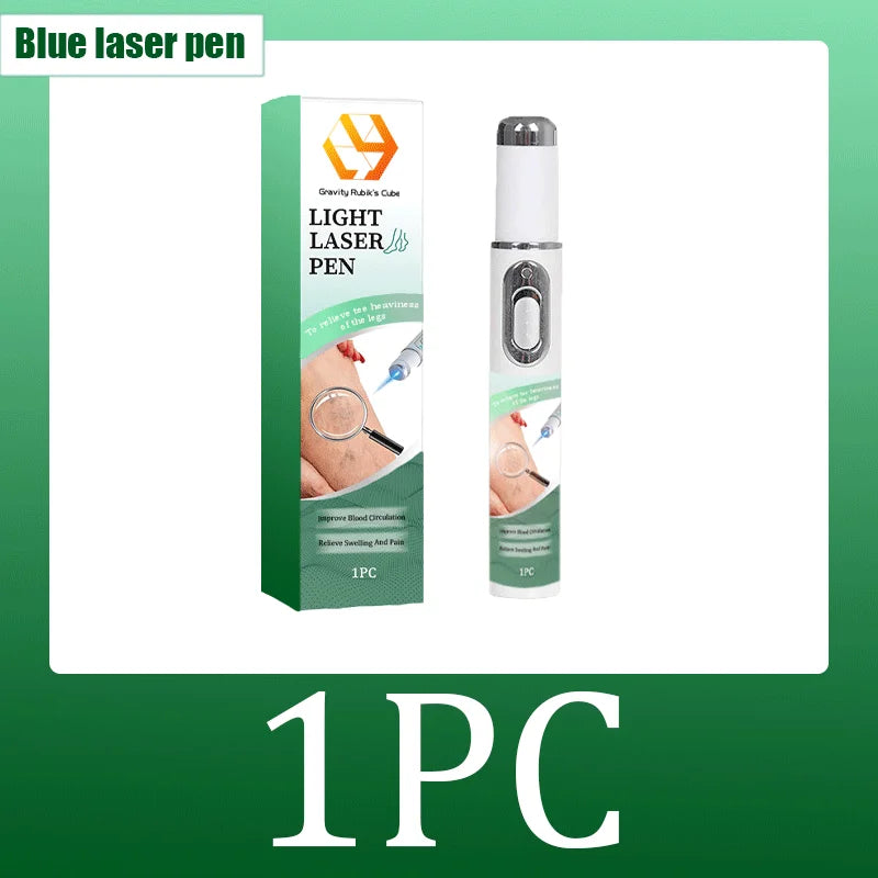 Blue light laser therapy pen for spider veins and varicose vein relief, portable handheld device with packaging box.