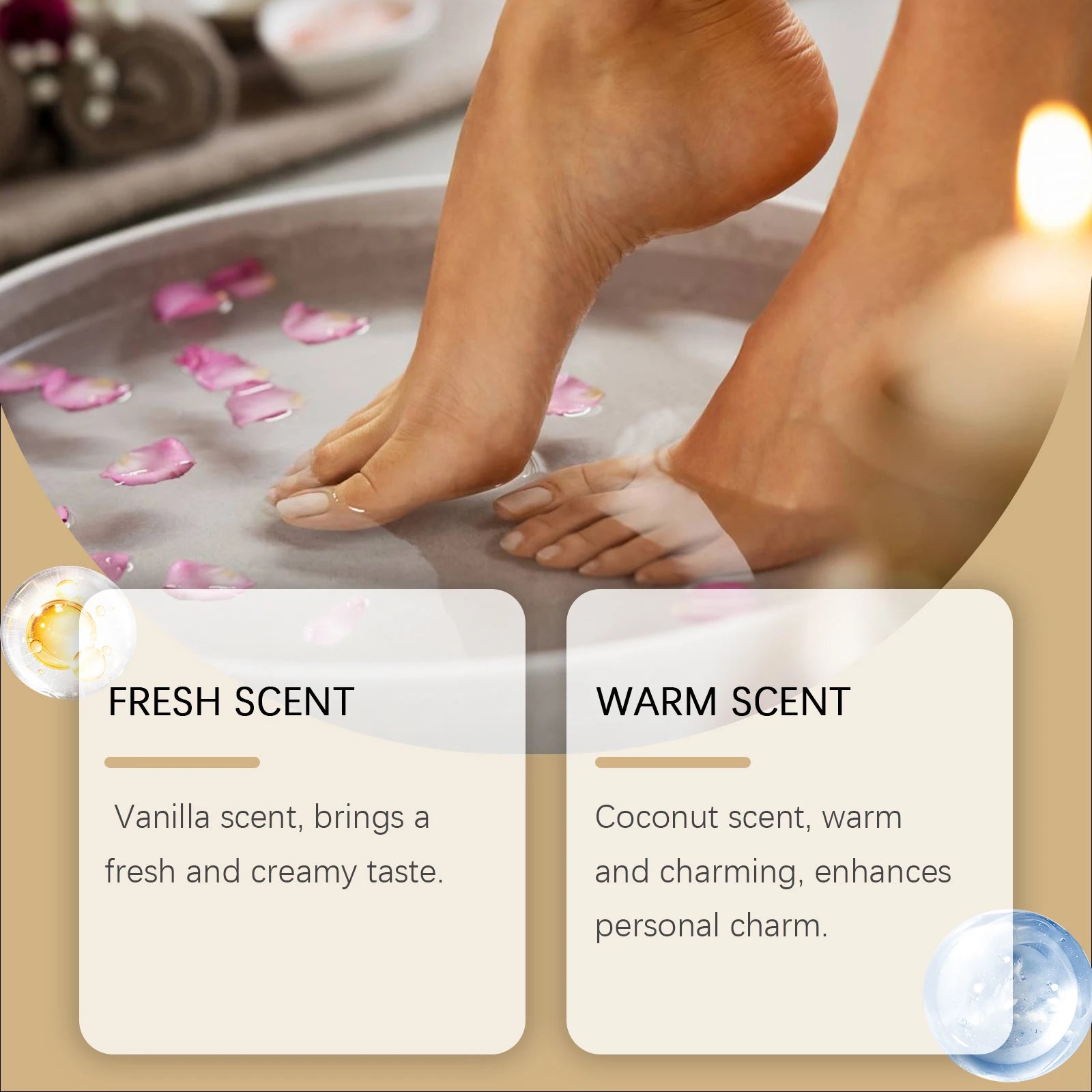 Feet soaking in a shallow round basin filled with water and pink flower petals for a spa-like pedicure treatment.