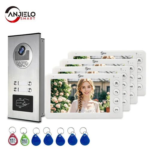 Video door telephone kit with outdoor panel, 7-inch monitors, and RFID key fobs