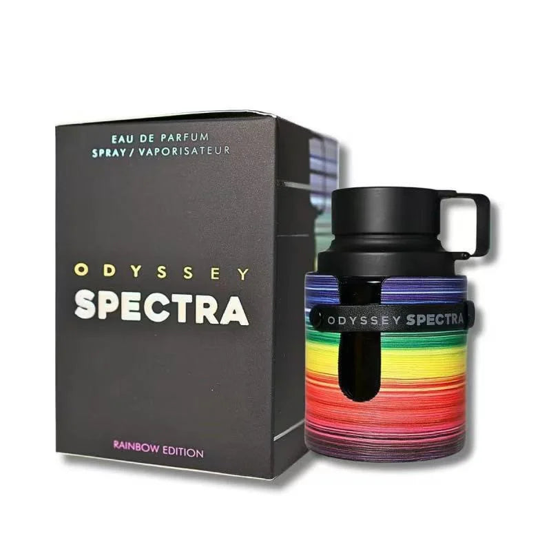 Armaf Odyssey Spectra EDP: Rainbow Edition men's cologne in a unique cylindrical bottle with black strap. Dubai perfume.
