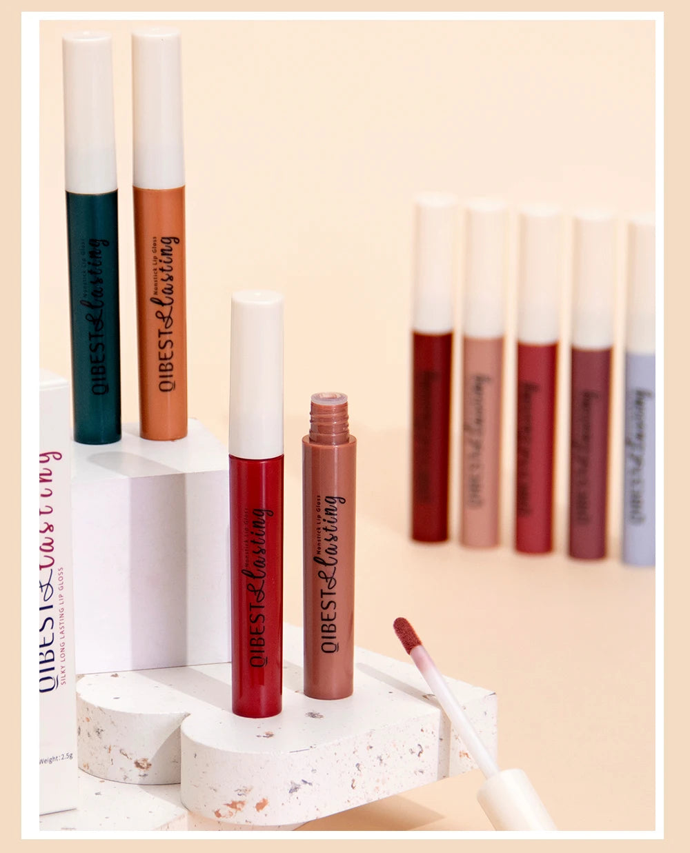 QIBEST matte liquid lipstick set in assorted colors with velvet finish and applicator, long-lasting nonstick lip makeup.