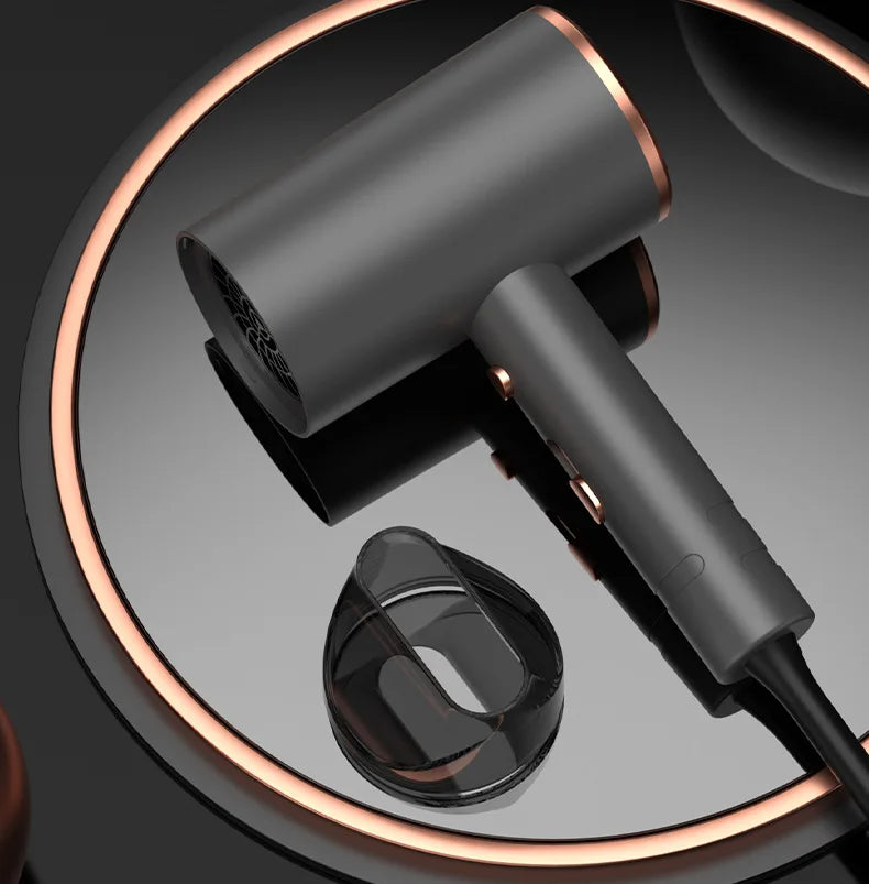 1600W grey and rose gold hotel hair dryer with nozzle attachment, sleek wall-mount design for fast hair drying.