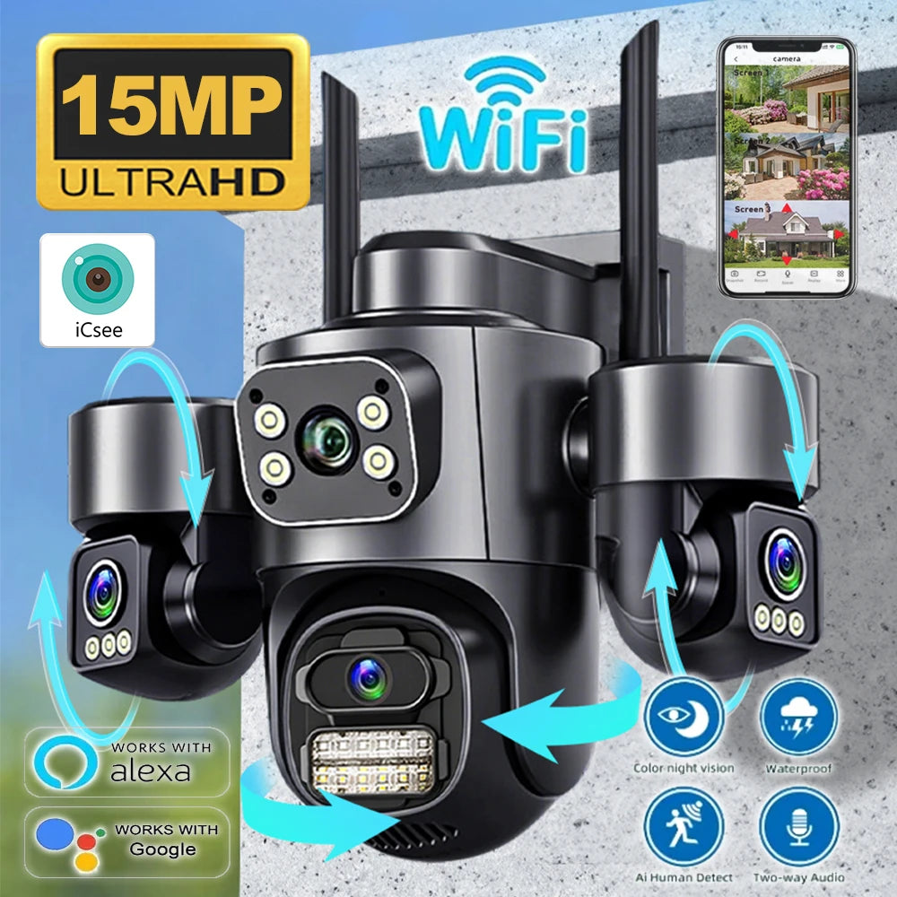 15MP Security Camera iCsee 3-HD Screens Auto Tracking WiFi IP CameraOutdoor CCTV Color Night Vision 2-Way Audio Surveillance Cam