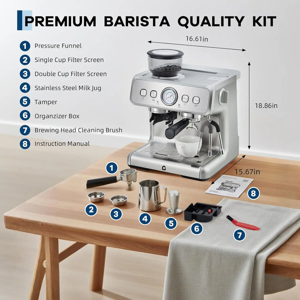 Silver stainless steel espresso machine barista kit with grinder, pressure gauge, and 8 included accessories.