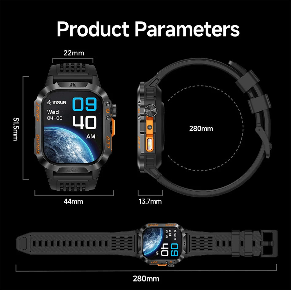 New Military Grade 1200mAh Battery Smartwatch Men 5ATM Waterproof Sports Tracker Flashlight Heart Rate AMOLED Screen Smart Watch