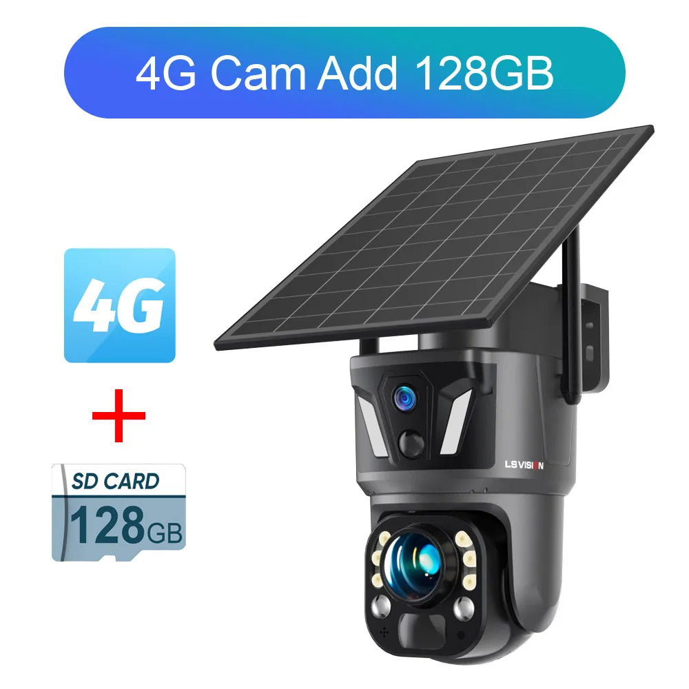 4G solar PTZ security camera with solar panel and 128GB SD card included