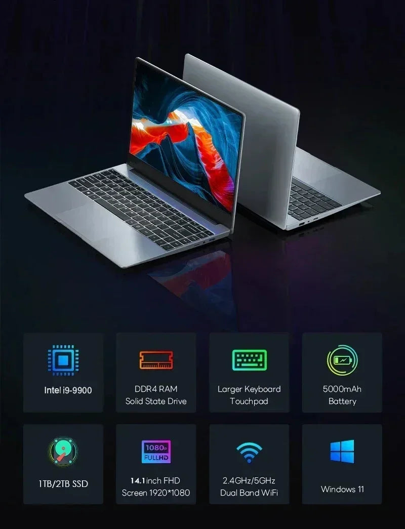 2026 NEW 14.1 Inch Ultra Slim Laptop Intel Core i9 9900 32GB RAM 2TB SSD Windows 11 Gaming Gamer Office Notebook 1920x1080 Pro