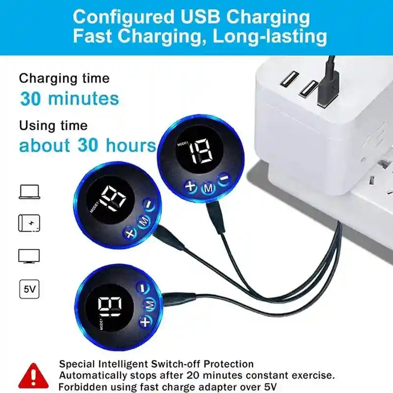Three circular blue-rimmed EMS controller units connected to a white USB charging hub. Digital displays show "18".