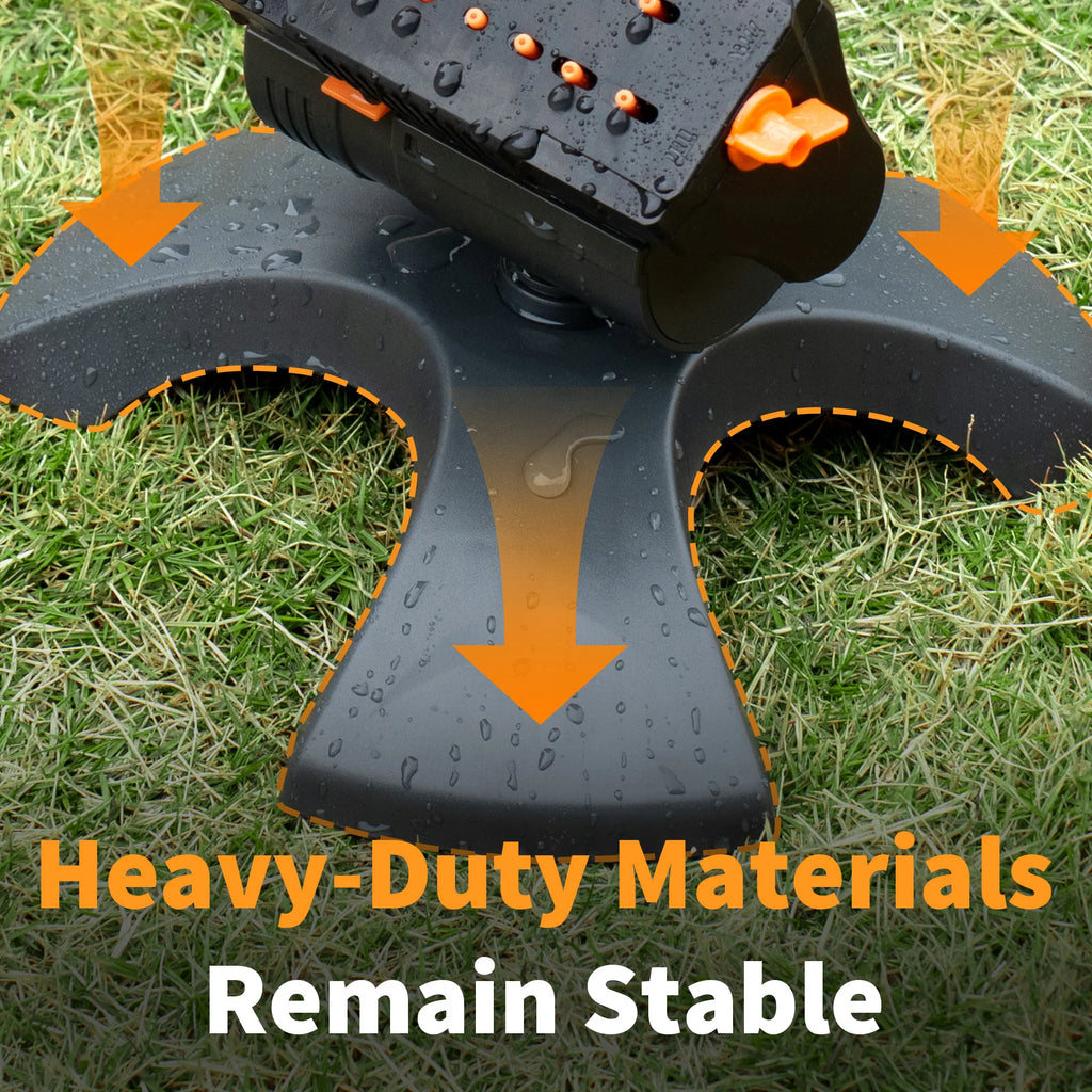 Oscillating water sprinkler wide base with four-foot stability, black housing and orange marks