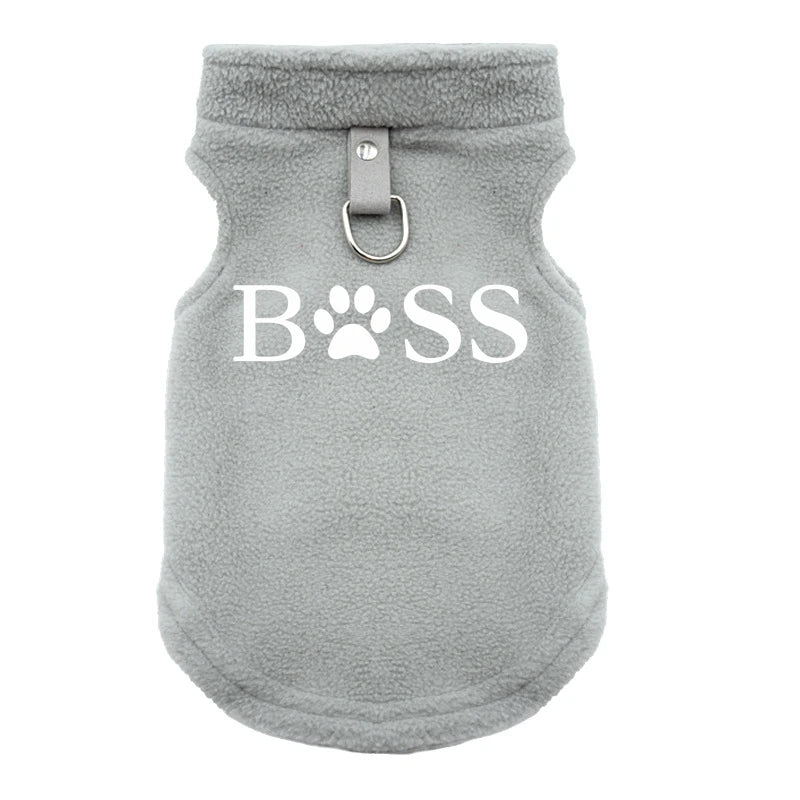 Grey fleece dog sweater vest with 'BOSS' print and harness ring for warm autumn and winter walks for small dogs.