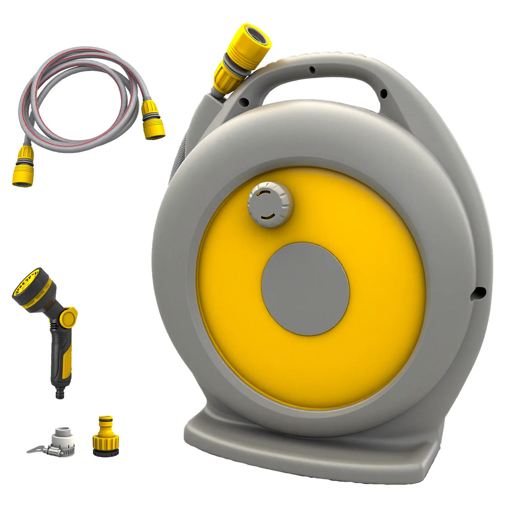 15M Auto Retractable Garden Hose Reel Full Surround Protective Water Pipe Cart Quick Connect Sprayer Gun 10 Spray Modes Yard Irrigation Car Washing Hose Set
