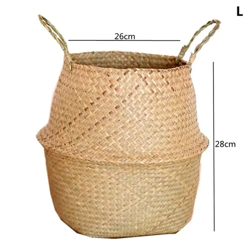 Tall woven grass planter basket with two loop handles, natural tan, 26cm wide.