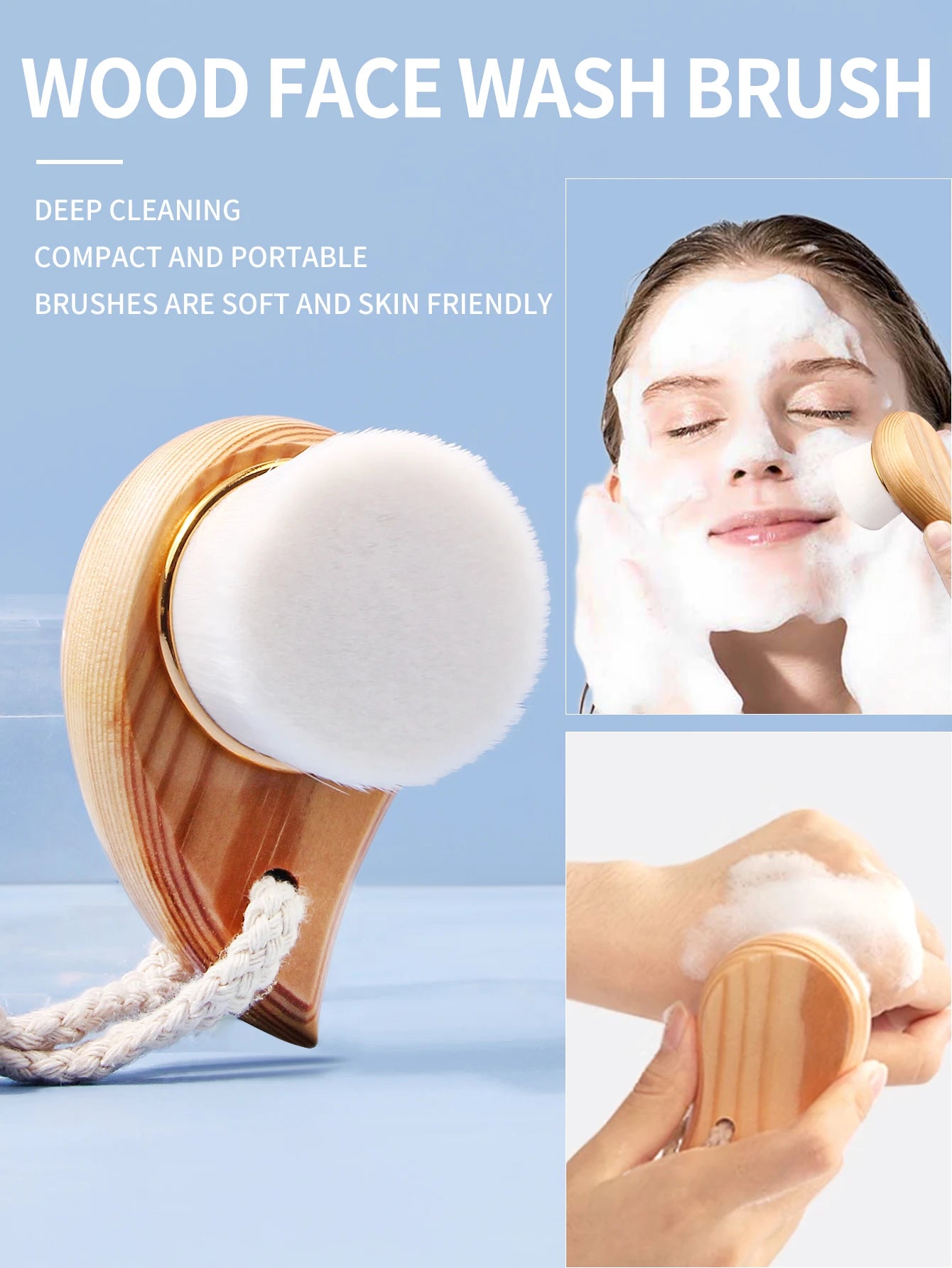 Soft manual facial cleansing brush with wood handle and white bristles for deep cleaning and makeup removal.