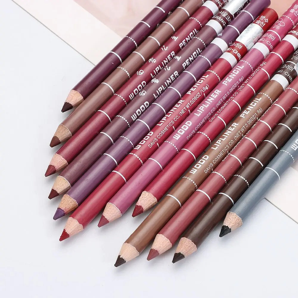 Professional waterproof wooden lip liner pencils in assorted matte colors for long-lasting makeup application.