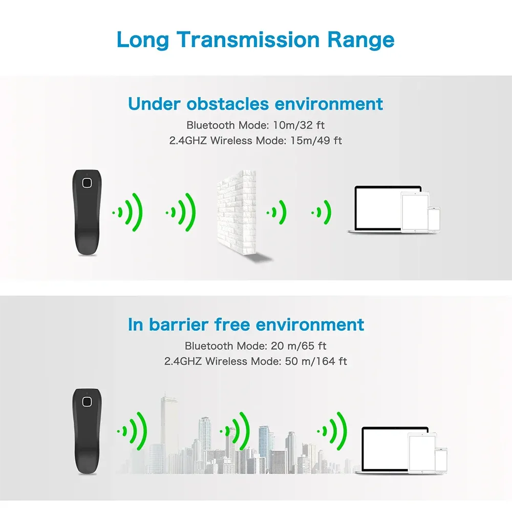 Wireless barcode scanner range diagram with signal waves and obstacle-free icons
