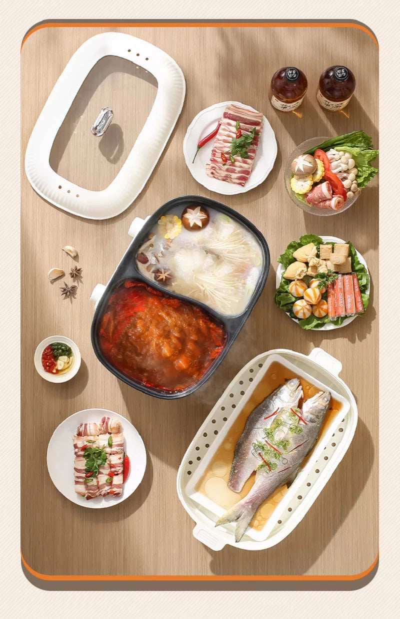 6L electric nonstick hot pot with lid and removable dishes on a tray