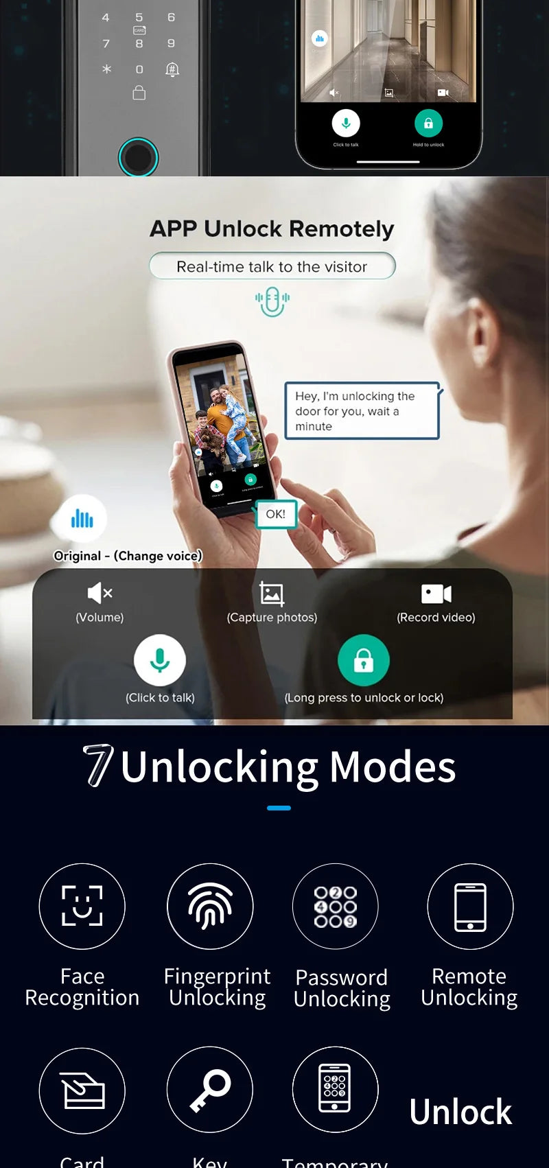3D Face Real-time Intercom Smart Door Lock Biometric Electronic Security Camera Intelligent Fingerprint Password Key Unlock