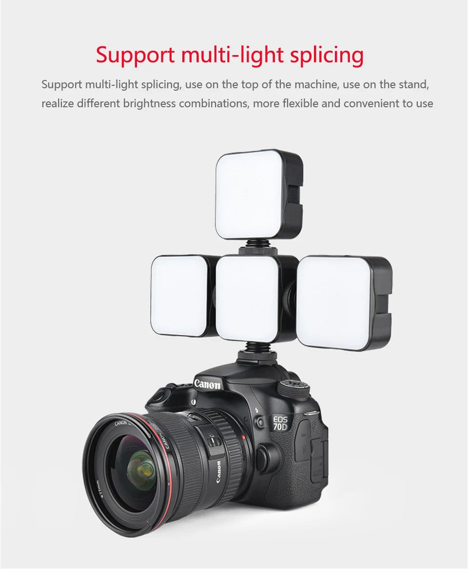 Four square LED video lights connected in a cross shape, mounted on a DSLR camera for flexible lighting.