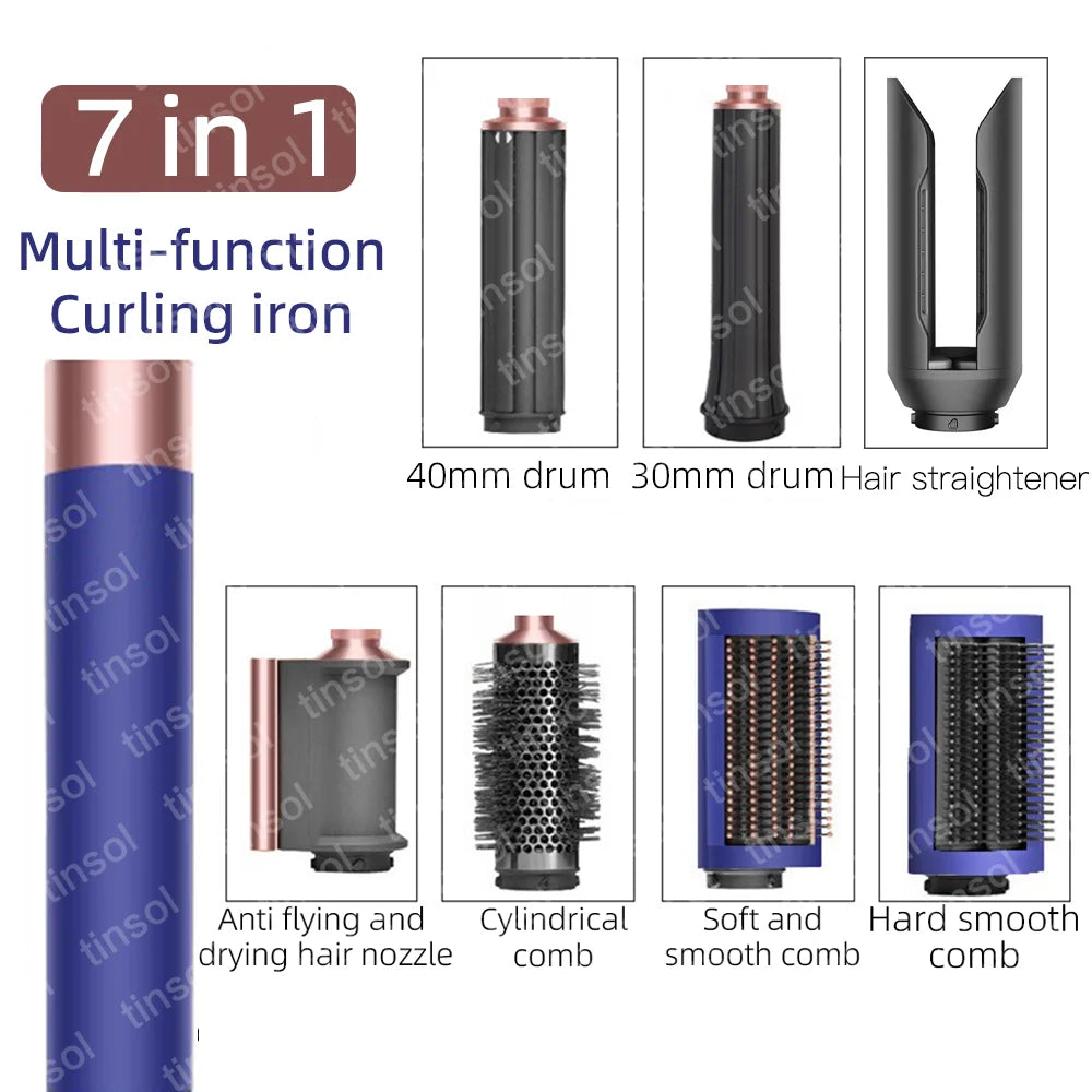 7-in-1 ionic high-speed hair dryer set in blue with curling barrels, straightener, and styling combs for hair care.