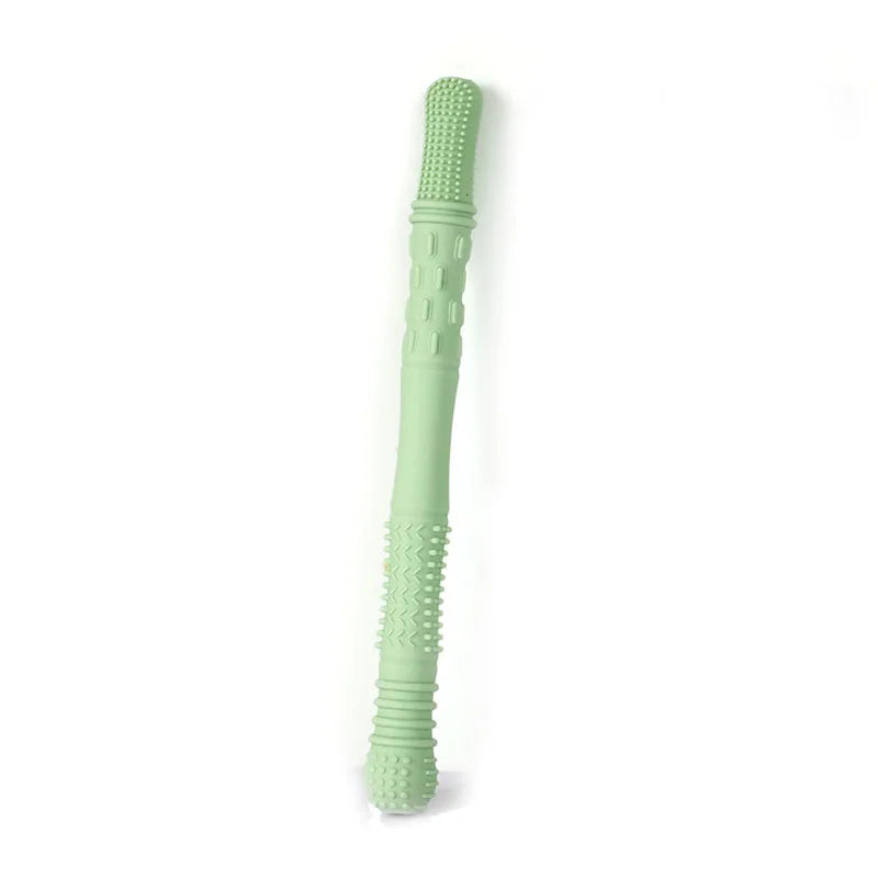 Light green silicone baby teething toy stick for soothing sore gums.