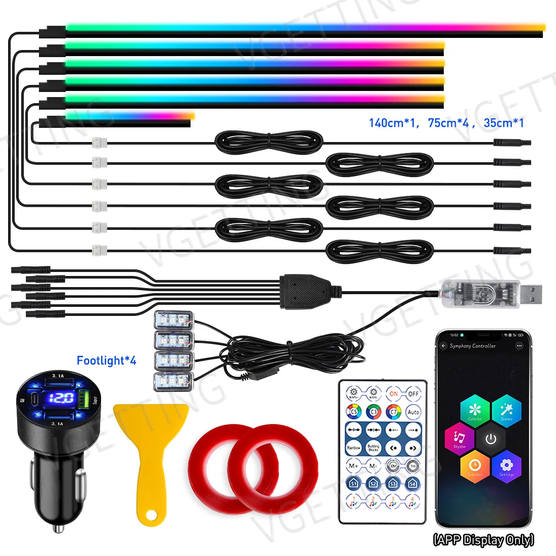 Tesla Interior LED Ambient Lights 10-in-1 RGB Kit - App Controlled 10in1 140CM Charger Tidesmit