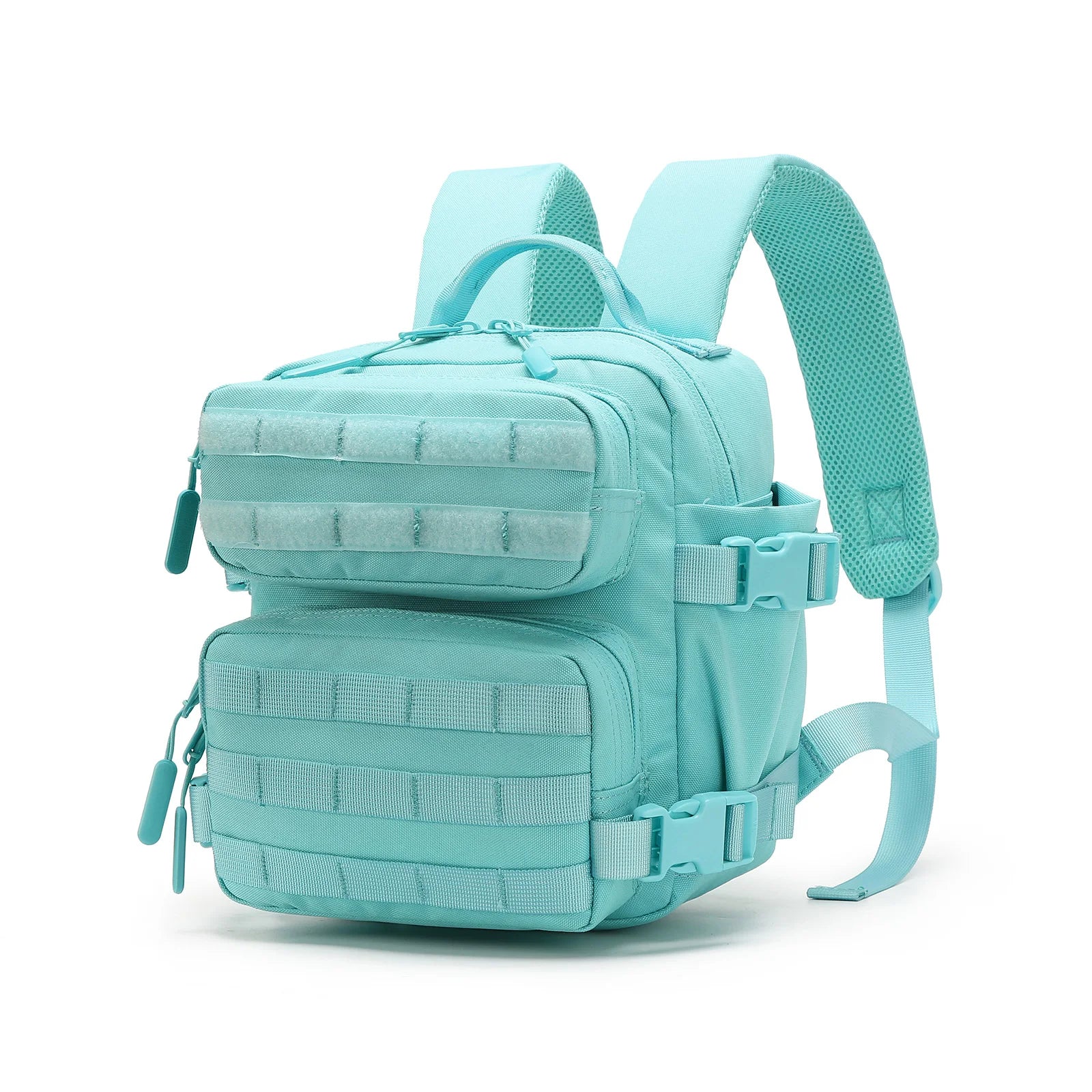 Light teal mini tactical Molle backpack with front MOLLE panel and adjustable shoulder straps