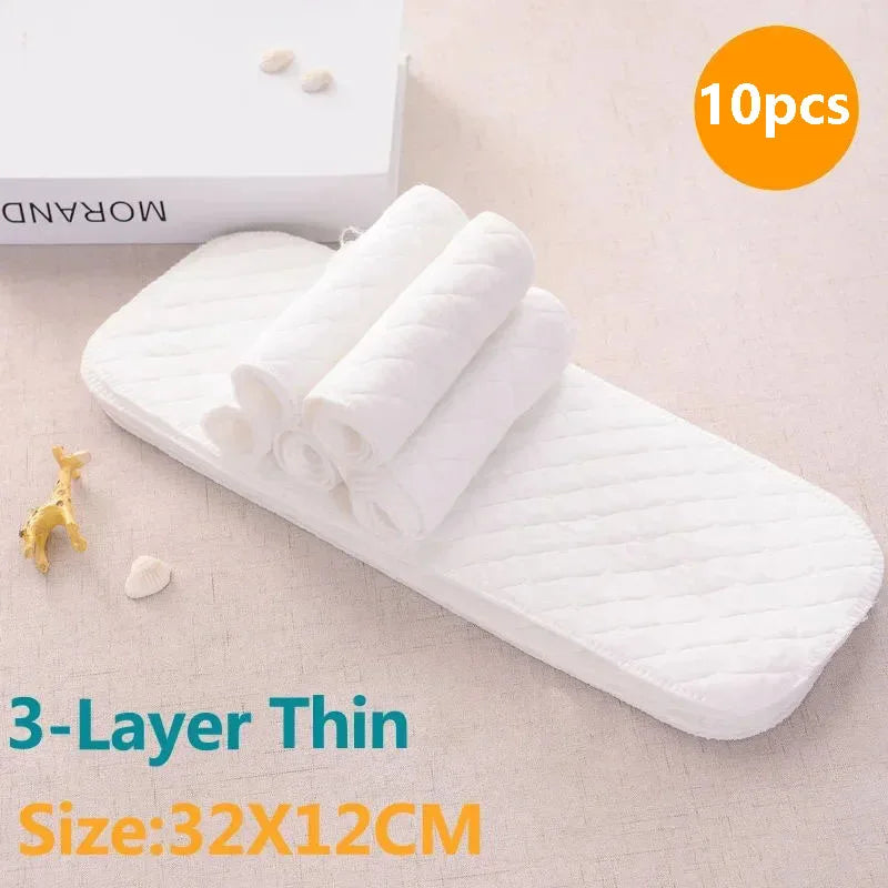 10pcs white 3-layer thin diaper inserts, 32x12cm, quilted absorbent baby care cloth diaper liners.