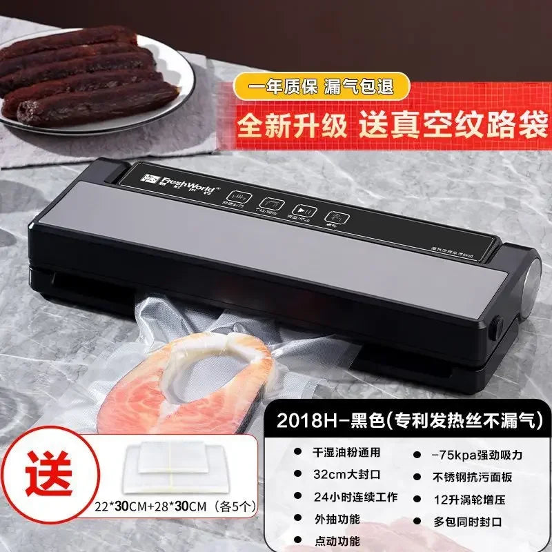 Automatic vacuum sealer with vacuum bag and sealed meat, black and white body.