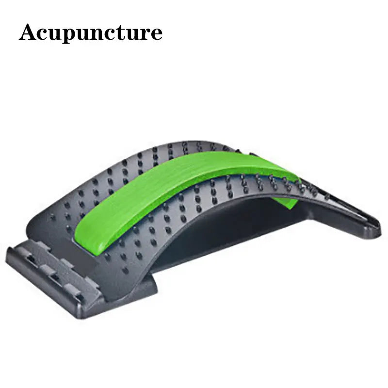 Black and green plastic back stretcher with acupressure nodes for lumbar support and spine alignment.