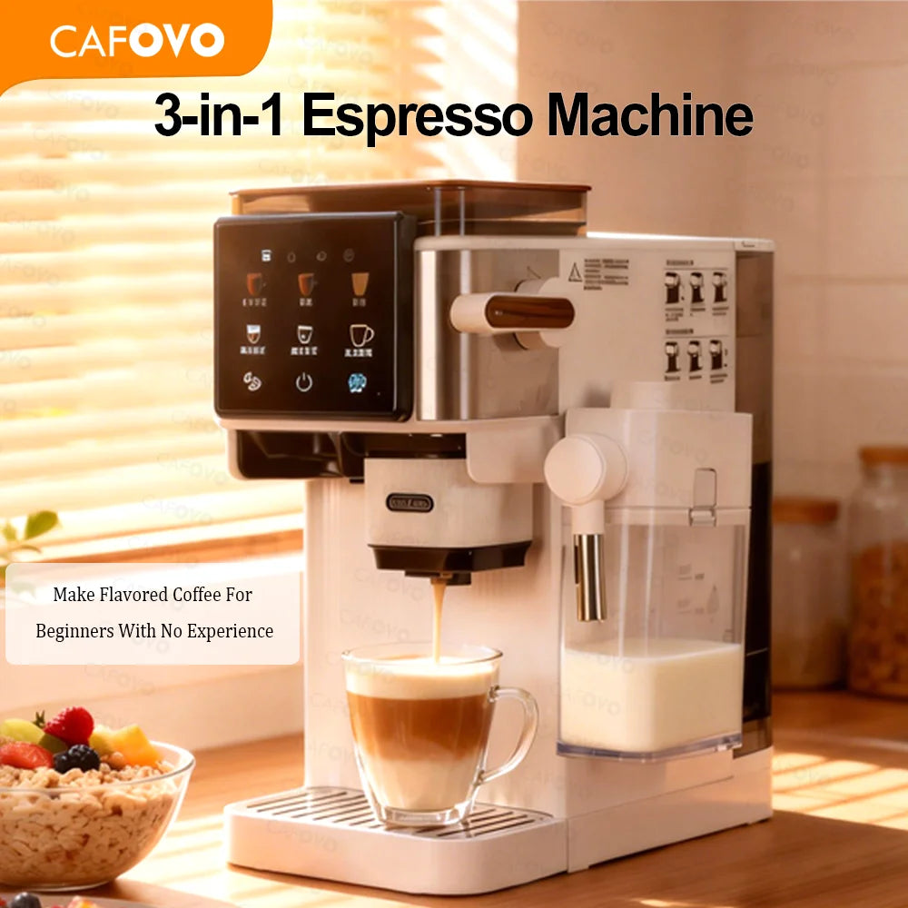 Cafovo 3-in-1 white espresso machine with milk frother, digital touchscreen, and compact countertop design.