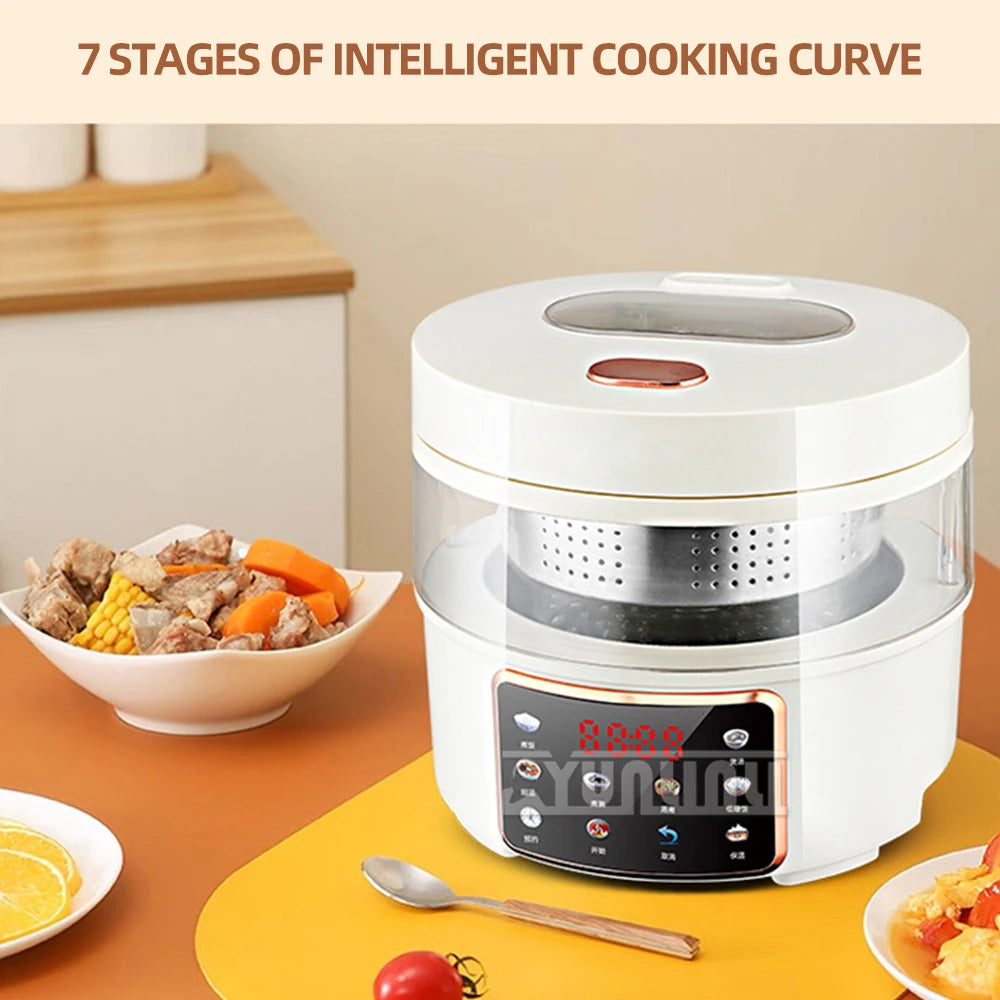 White visual glass rice cooker with red control display and perforated steaming basket