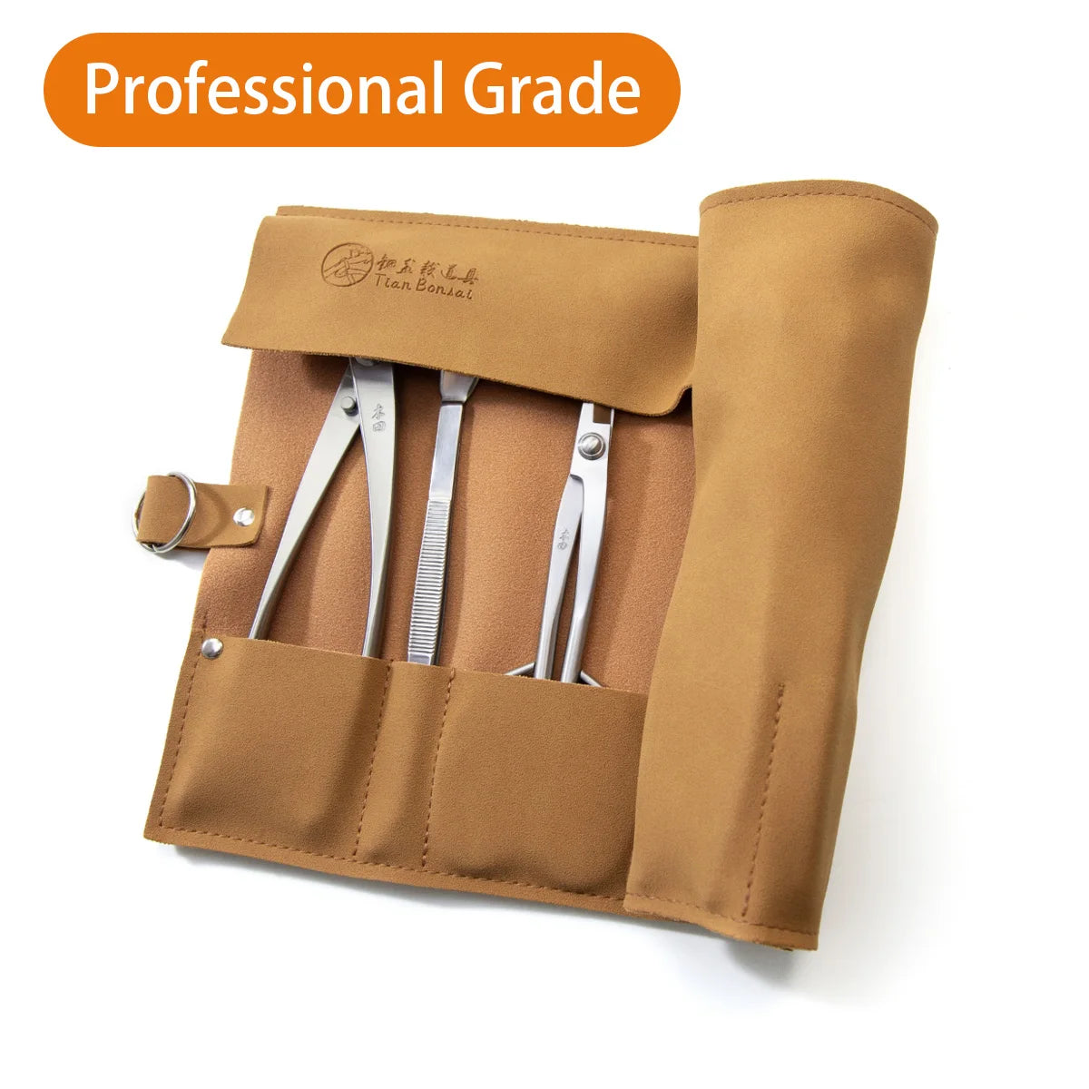 Tan leather bonsai tool roll bag open with multiple stainless tools in pockets
