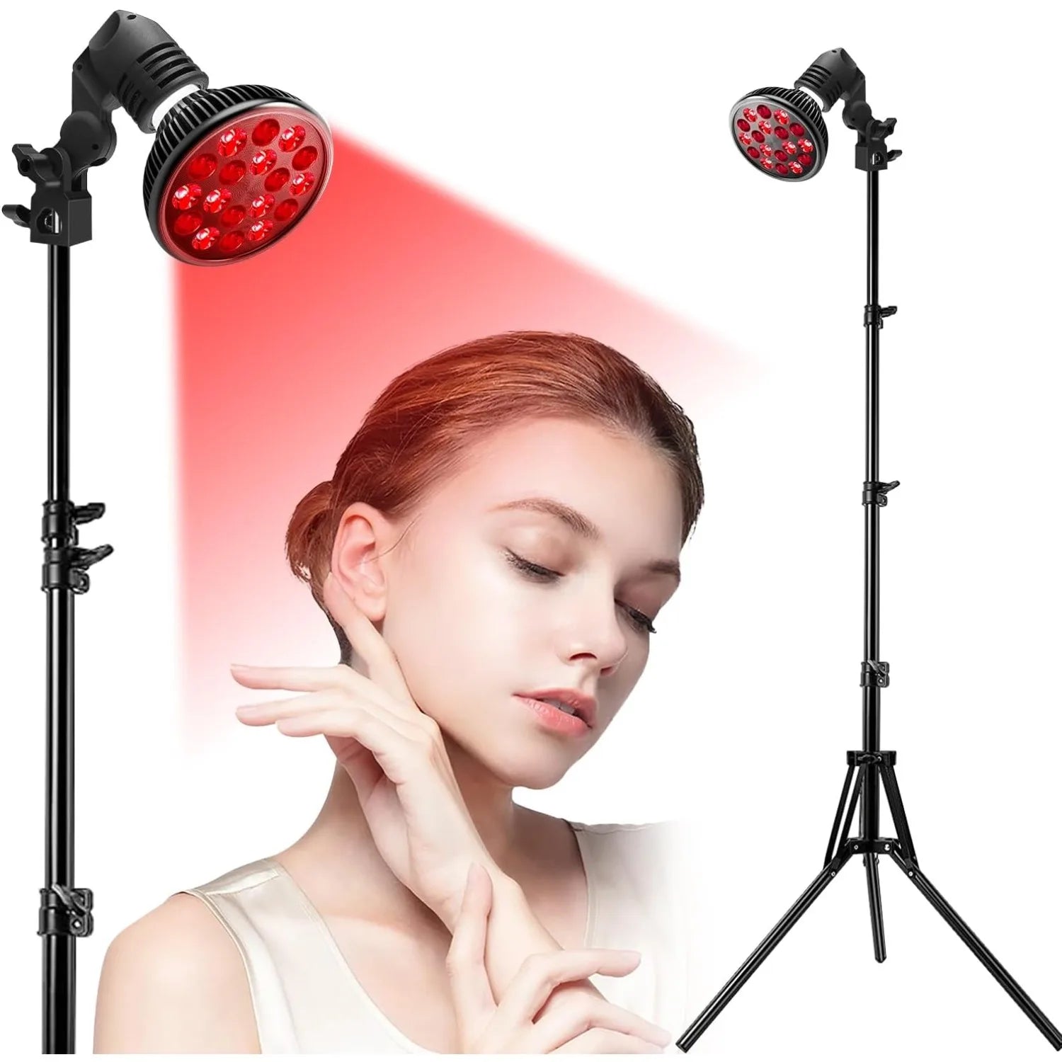 Red light therapy lamp on floor stand for facial skin care and pain relief, 660nm and 850nm infrared light device.