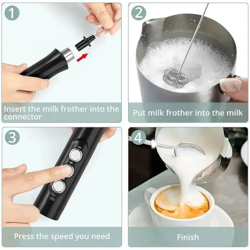 Black handheld electric milk frother with 3-speed settings and stainless steel whisk for coffee lattes.