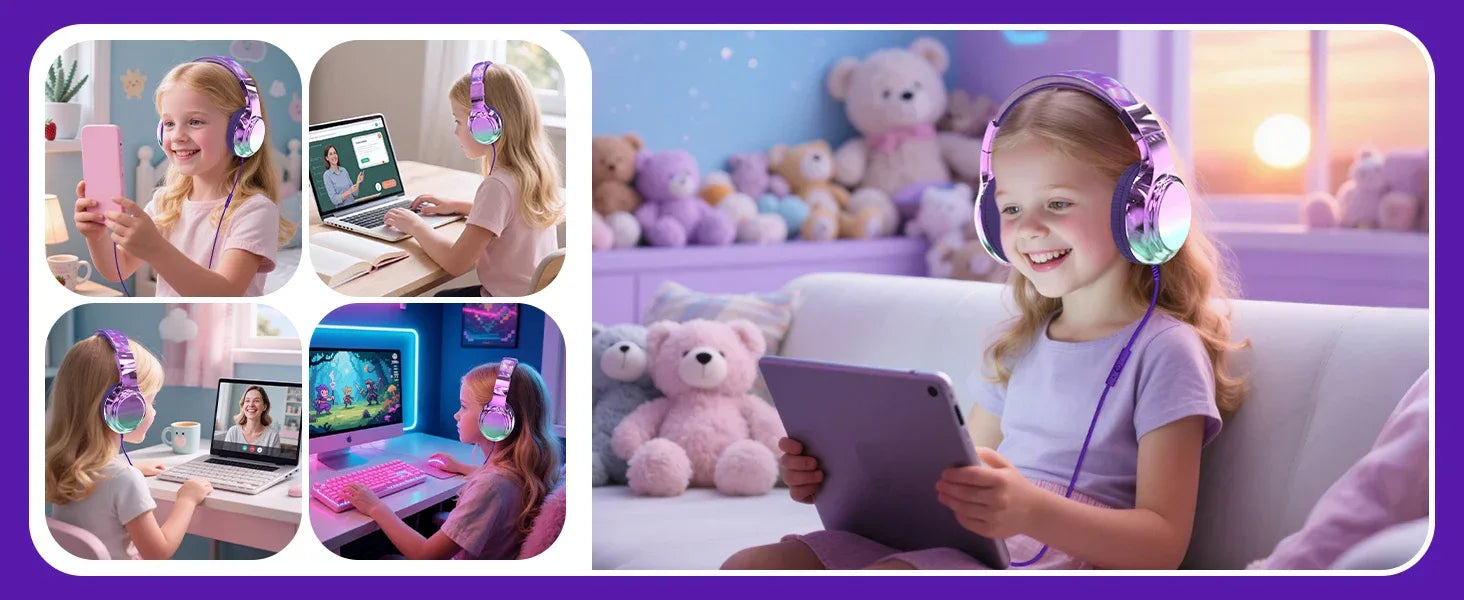 Kids Headphones Wired for School 85/94dB Volume Limiter Foldable Stereo Sound Headset with Mic for Kids Girls Learning Tablet PC Tidesmit