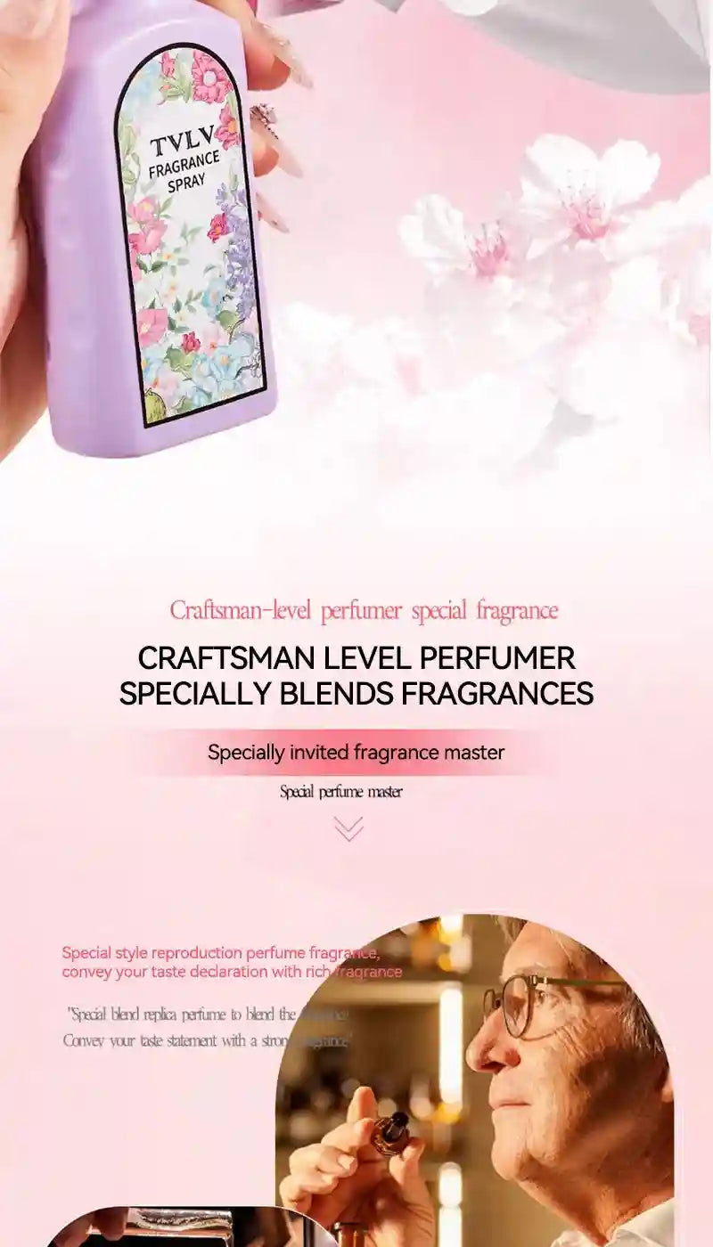 TVLV Jasmine Fragrance Spray: Long-lasting floral scent for women in a rectangular light purple bottle for clothing.