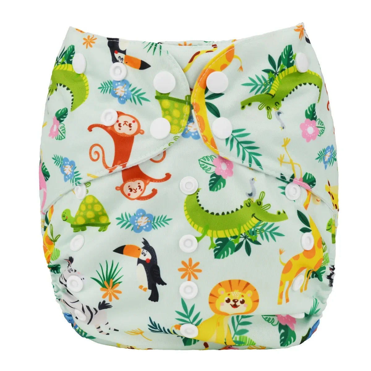 Adjustable cloth baby diaper with cute jungle animal print, featuring snap closures on a light green background.