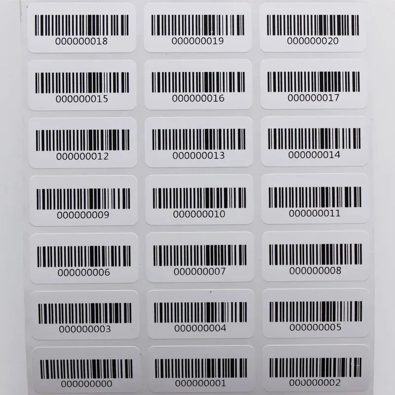 Barcode number label stickers, white grid of small labels with black barcodes