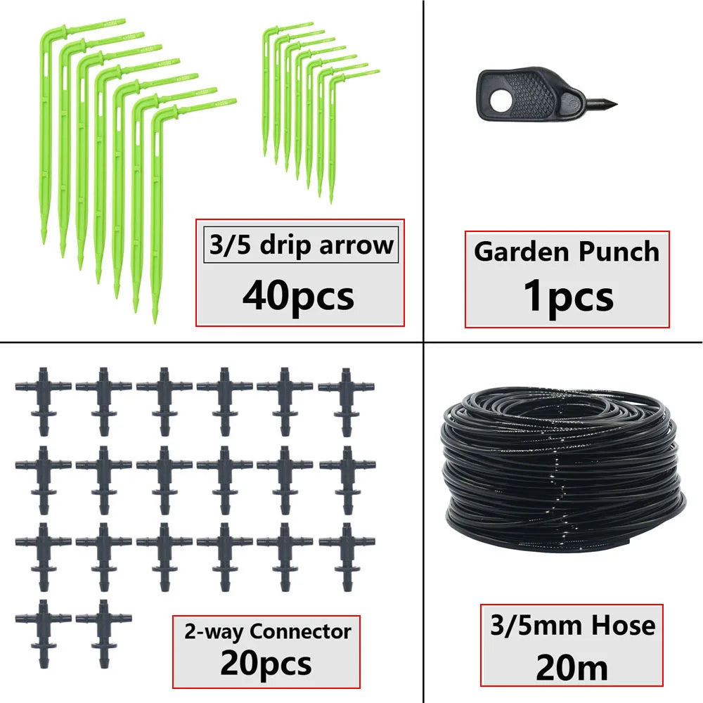 Greenhouse Potted Curved Arrow Dropper Micro Drip System 2L4L8L Pressure Compensation Dripper 3/5mm 2/4-way Irrigation Kit
