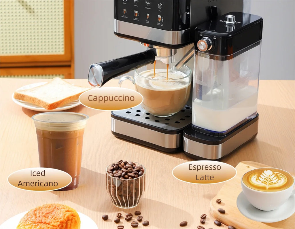 Black and stainless steel espresso machine with integrated milk frother making coffee on a wooden table.