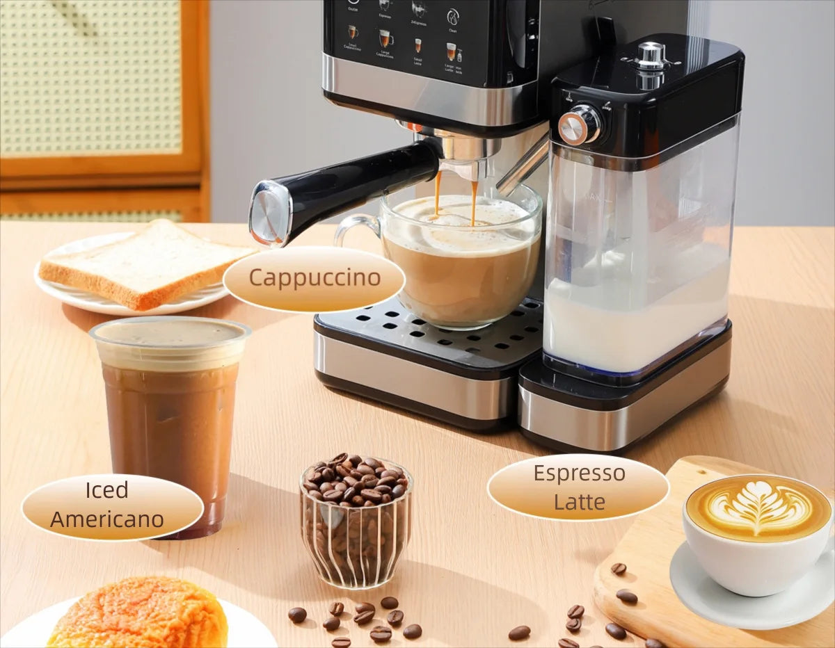 Black and stainless steel espresso machine with integrated milk frother making coffee on a wooden table.