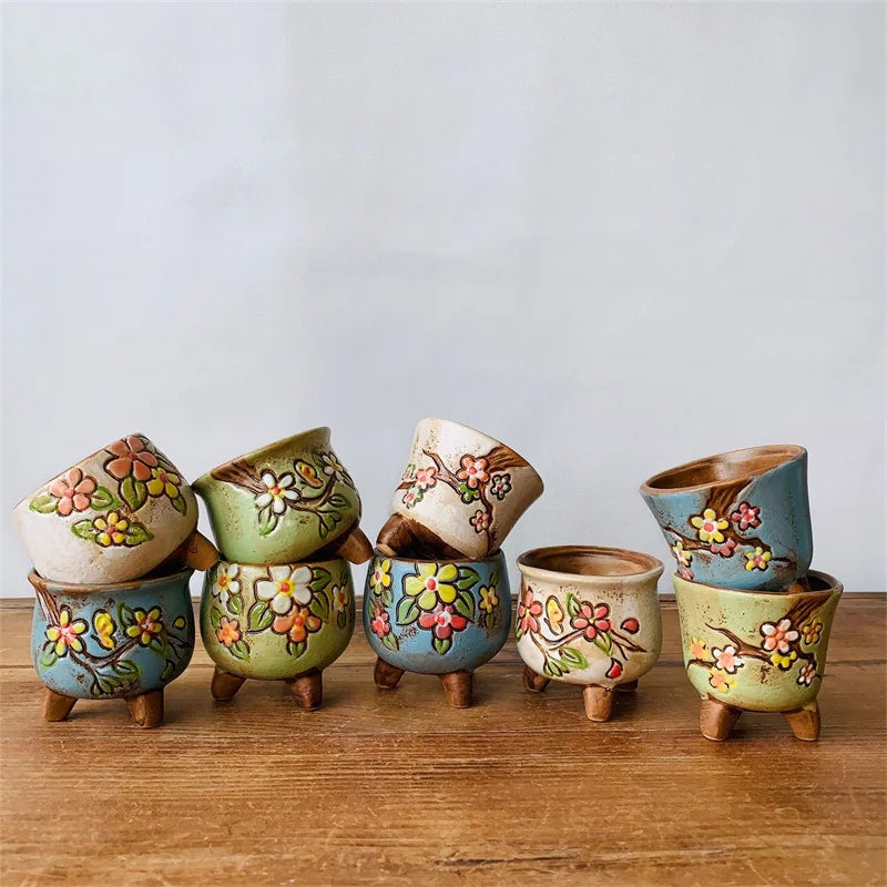 1pcs Simple Fleshy Ceramic Hand-painted Fresh Thumb Pot Coarse Pottery Permeable Pot Peach Egg Flesh Flower Pot Garden Supplies