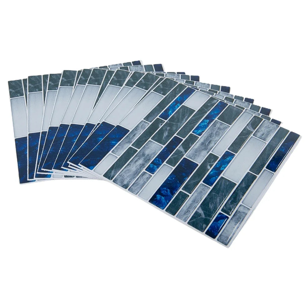 Blue and gray 3D mosaic tile wall sticker set with brick-style pattern